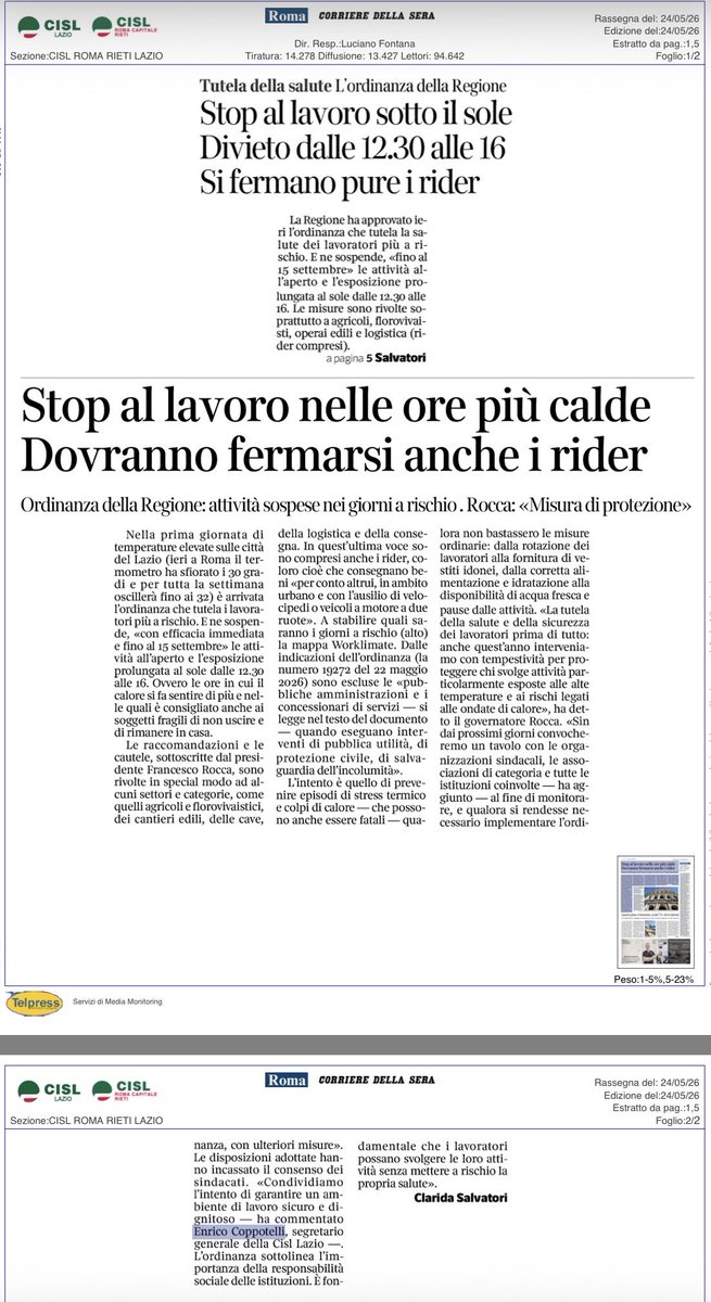 Cisl_Lazio's tweet photo. Oggi #24maggio su:
📍Corriere della Sera 
📍La Repubblica 
📍Latina Oggi 
La dichiarazione di Enrico Coppotelli sull’ordinanza della Regione #Lazio “divieto lavoro nelle ore più calde quando il #Worklimate segnala livello di rischio alto” per Edilizia, Agricoltura, Logistica”. https://t.co/td0314mOnJ