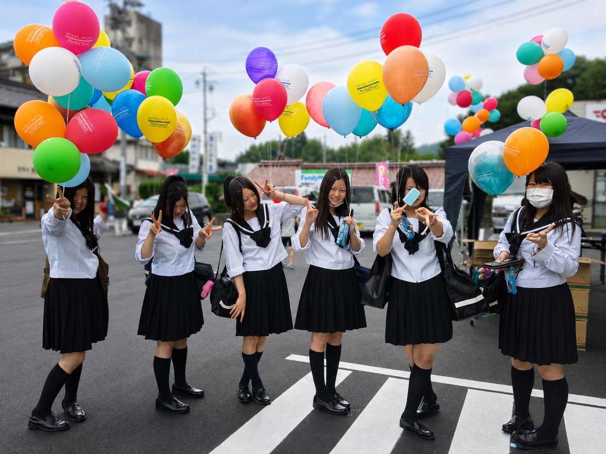 another_fluffy's tweet photo. 高校の近くに開店するコンビニでは、午後３時以降に学校帰りのＪＫが大挙して風船ゲットに訪れることを見越して、午後２時台には風船の準備を優先的に行うように社内マニュアルがある・・・かもしれないｗ　（古く小さい画像を元にＡＩ補正） https://t.co/8Mo5suh4rT