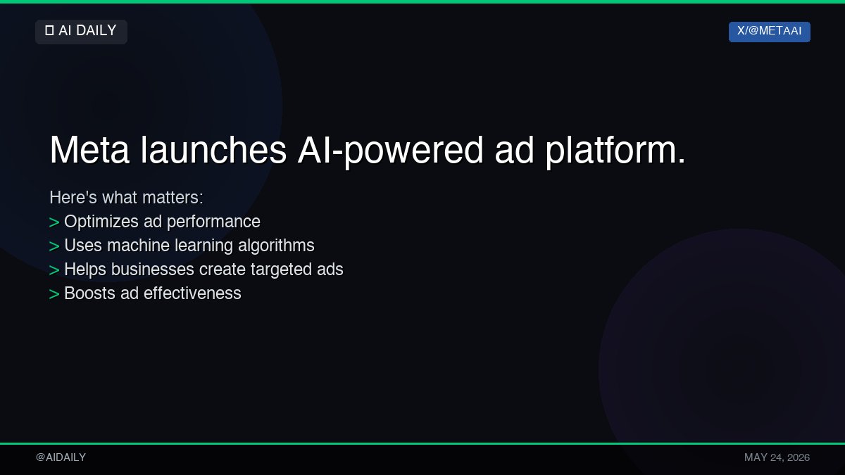 DailyAI_Ins's tweet photo. 🚨 Meta launches AI-powered ad platform.

Here's what matters:
→ Optimizes ad performance
→ Uses machine learning algorithms
→ Helps businesses create targeted ads
→ Boosts ad effectiveness

Will this change the ad game? 👇

#AI #DailyAI https://t.co/rIcbR7QSoa