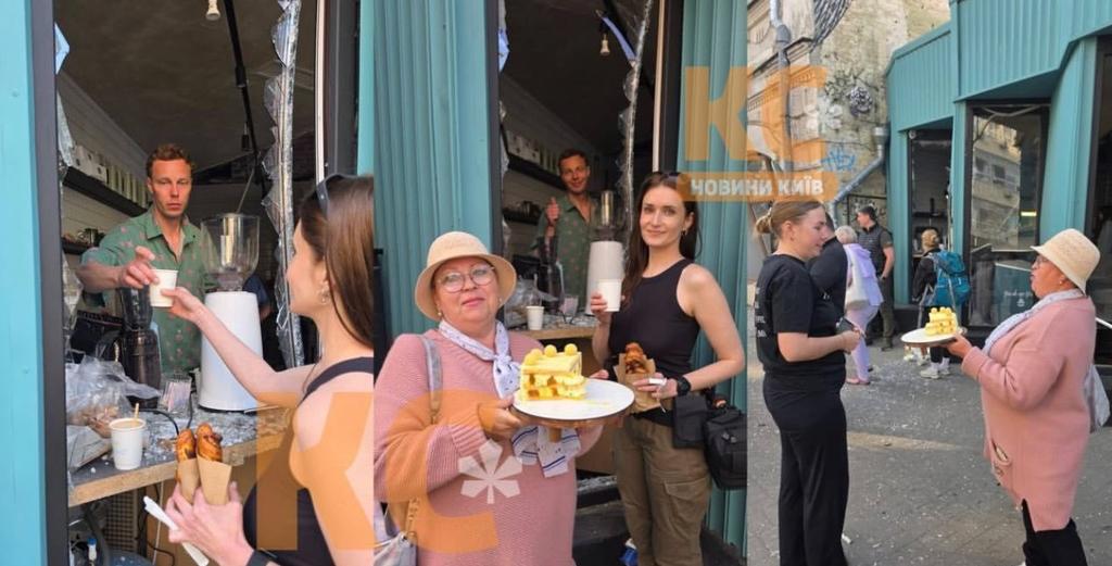 fierce__calm's tweet photo. A cafe in Kyiv (NODO ,Podil) which just opened yesterday found it's storefront wrecked after last night's barbaric Russian attack. So they started serving free coffees &amp; pastries, while the owners mum hands out cake to passers-by 💛💙 https://t.co/NRxDVLXJ1J