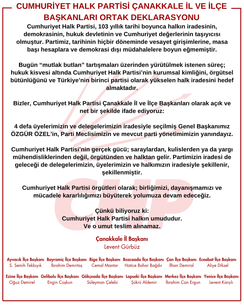 chpckmerkezilce's tweet photo. Cumhuriyet Halk Partisi Çanakkale İl ve İlçe Başkanları ve yönetimleri olarak; partimizin seçilmiş Genel Başkanı Sayın Özgür Özel’in ve parti yönetimimizin yanındayız. https://t.co/FHrVIrtkZx