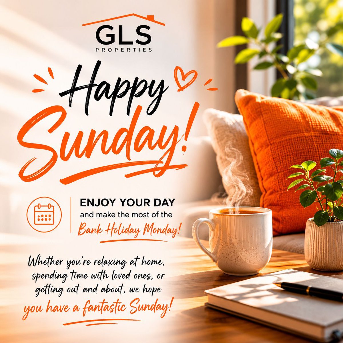 _GLSProperties's tweet photo. Happy Sunday from GLS Properties 🧡 Enjoy the sunshine, relax, recharge, and make the most of the Bank Holiday tomorrow! 🏡 https://t.co/Zp1aEEVc57