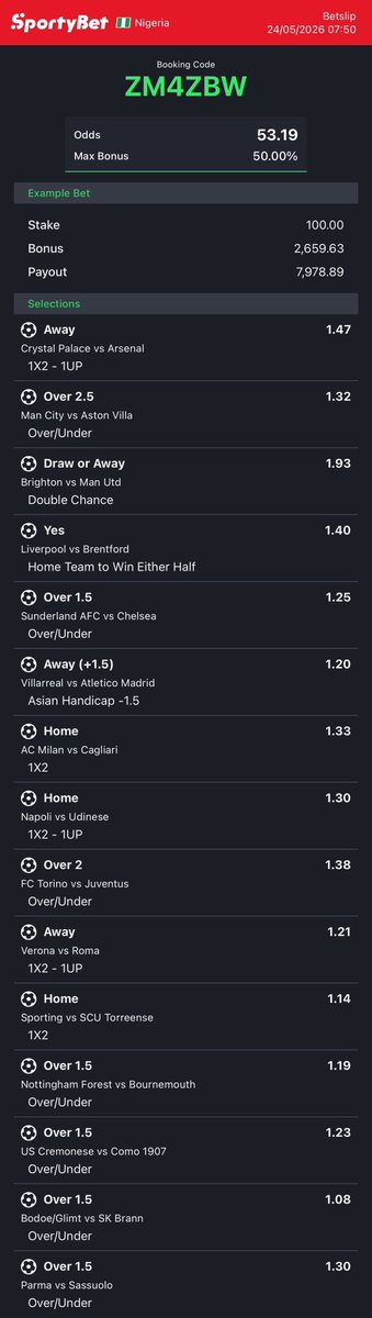 hermperor002's tweet photo. 53 odds
12 odds ✅⚽️⚽️🔥

Bet responsibly🔞

@The_Ghosted @Promisepunta @ConvertsB @ForeverDau @GreenTips01 @cindy_blog https://t.co/23sSloRuoH