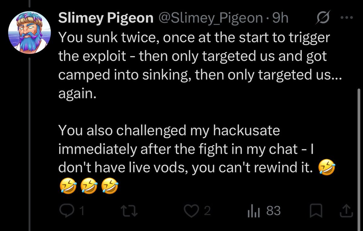 Iyewo_'s tweet photo. Only sank once, was never in his viewer list until after the fight was over, and apparently 1 kill = camp now? Typical streamer ego flaring up, he was talking shit before we had even said anything to him in game or before he knew we were exploiting https://t.co/rrtpdVr1Kk