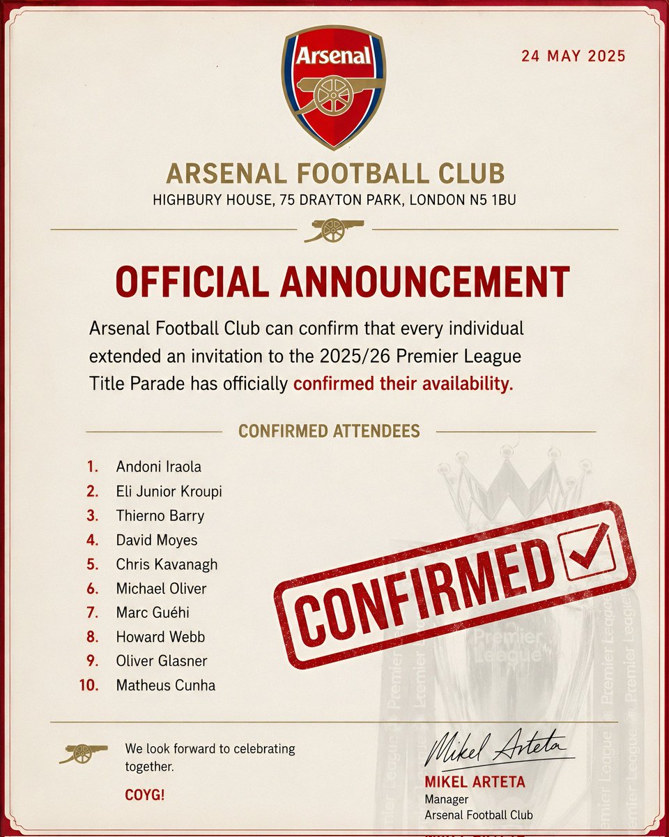 declanstar1's tweet photo. 🚨 Arsenal confirm all invited guests will be at the parade 🏆

Anyone missing? 🤔 https://t.co/bUeTT747Nr