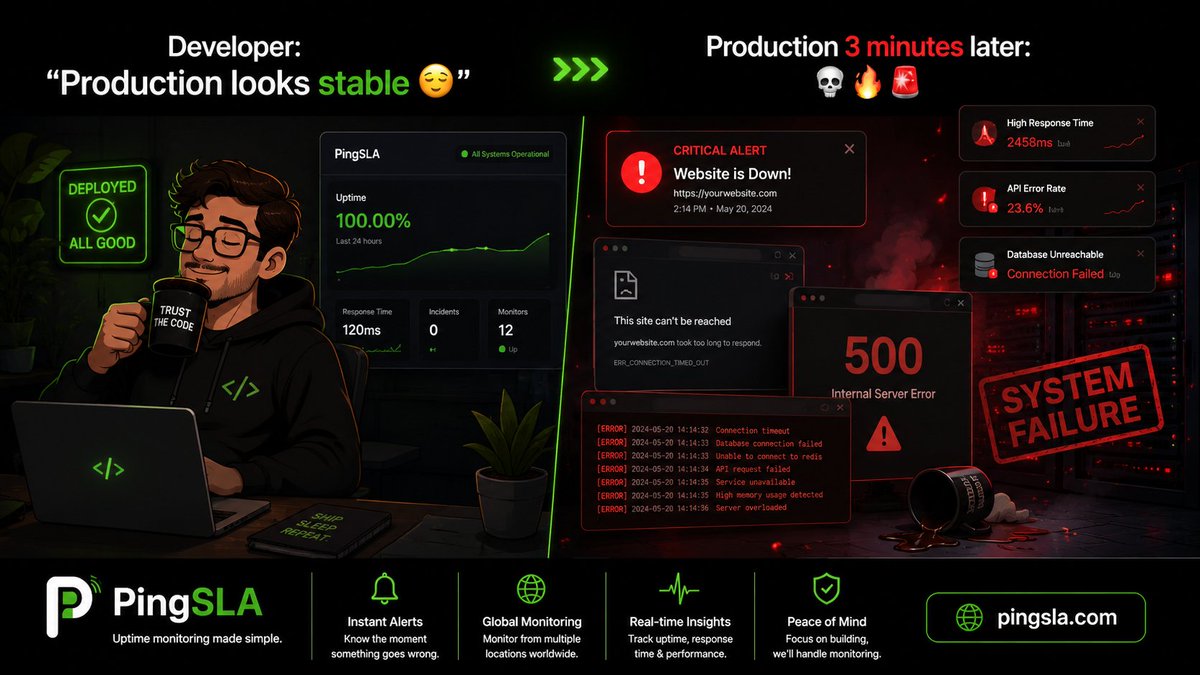 pingslaofficial's tweet photo. Developer: “Production looks stable 😌”
Production 3 minutes later: 💀🔥🚨
Good thing PingSLA sends instant alerts ⚡
#DevOps #PingSLA
India https://t.co/hIzH7aLQEu