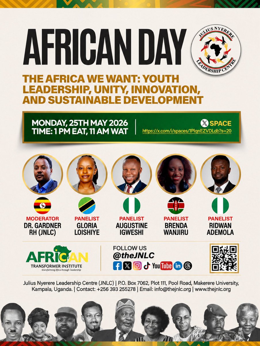 TheJNLC's tweet photo. AFRICAN DAY 2026

Join us on X Space for a conversation on:

“The Africa We Want: Youth Leadership, Unity, Innovation & Sustainable Development”

🗓 Monday, 25th May 2026
🕐 1 PM EAT | 11 AM WAT
🎙 Hosted by JNLC

🔗 Join here:
https://t.co/QJP61WSIh7

#AfricanDay2026 #TheAfricaWeWant #YouthLeadership #JNLC #XSpace