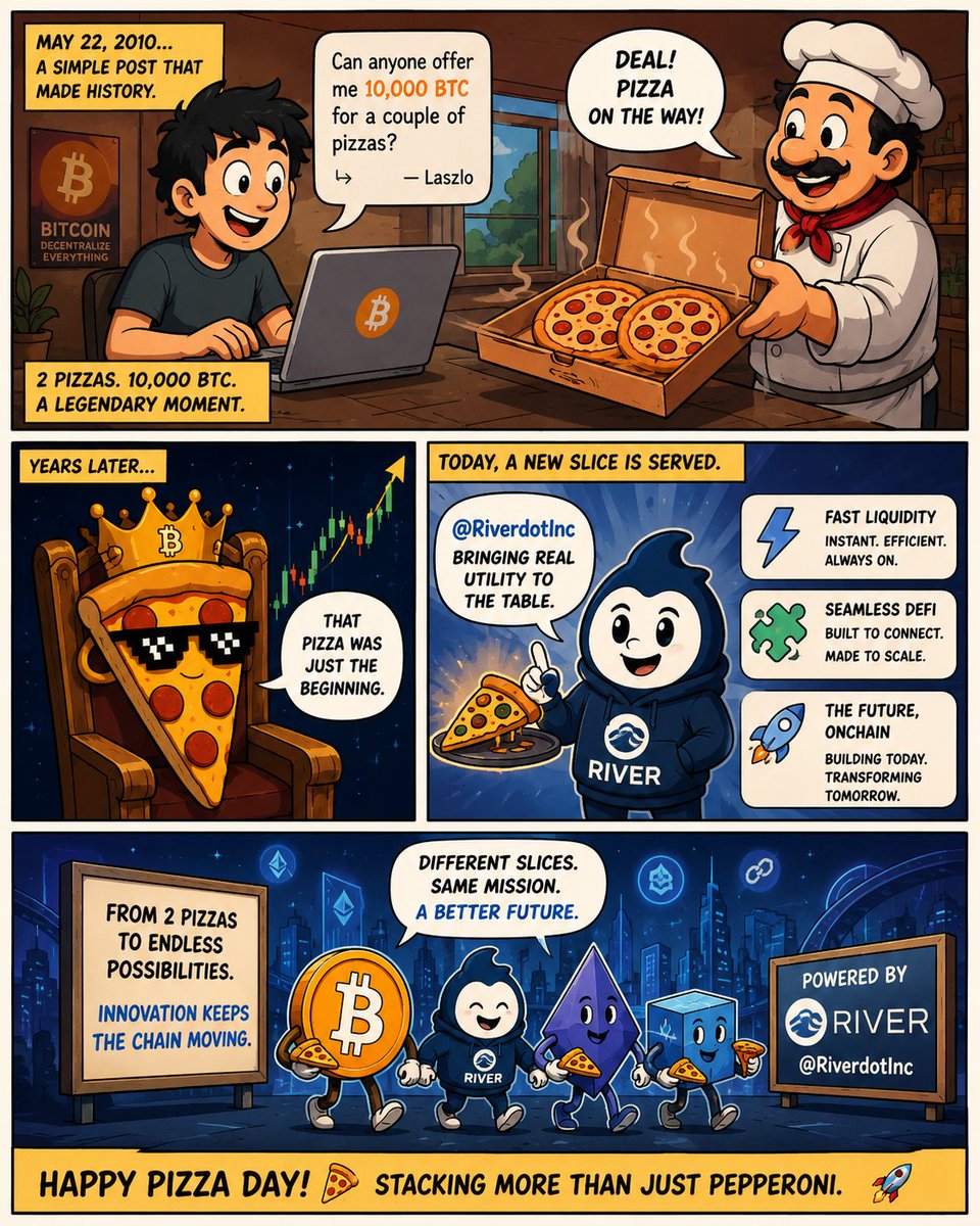twitdives's tweet photo. Bitcoin Pizza Day reminds us that every revolutionary movement starts with one simple transaction, and @RiverdotInc continues building meaningful onchain utility designed for long term adoption, scalability, and real ecosystem impact 🍕
@River4fun https://t.co/7xbP9ZPb2e