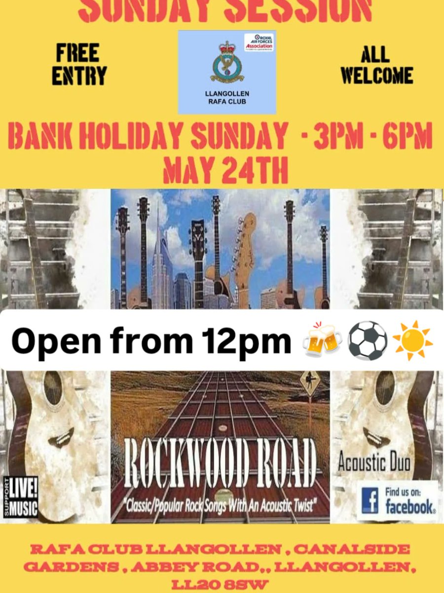 RAFALlan65's tweet photo. Come and spend a beautiful sunny Bank Holiday Sunday with us from 12pm ☀️

Live music with Rockwood Road from 3pm - 6pm 🎤🎸

Live final day Premier League football showing from 4pm ⚽

Bingo from 7pm ✍️

All welcome 😁 

#llangollen #llangollenwales #denbighshire #SkySports https://t.co/vCTHT9EusB