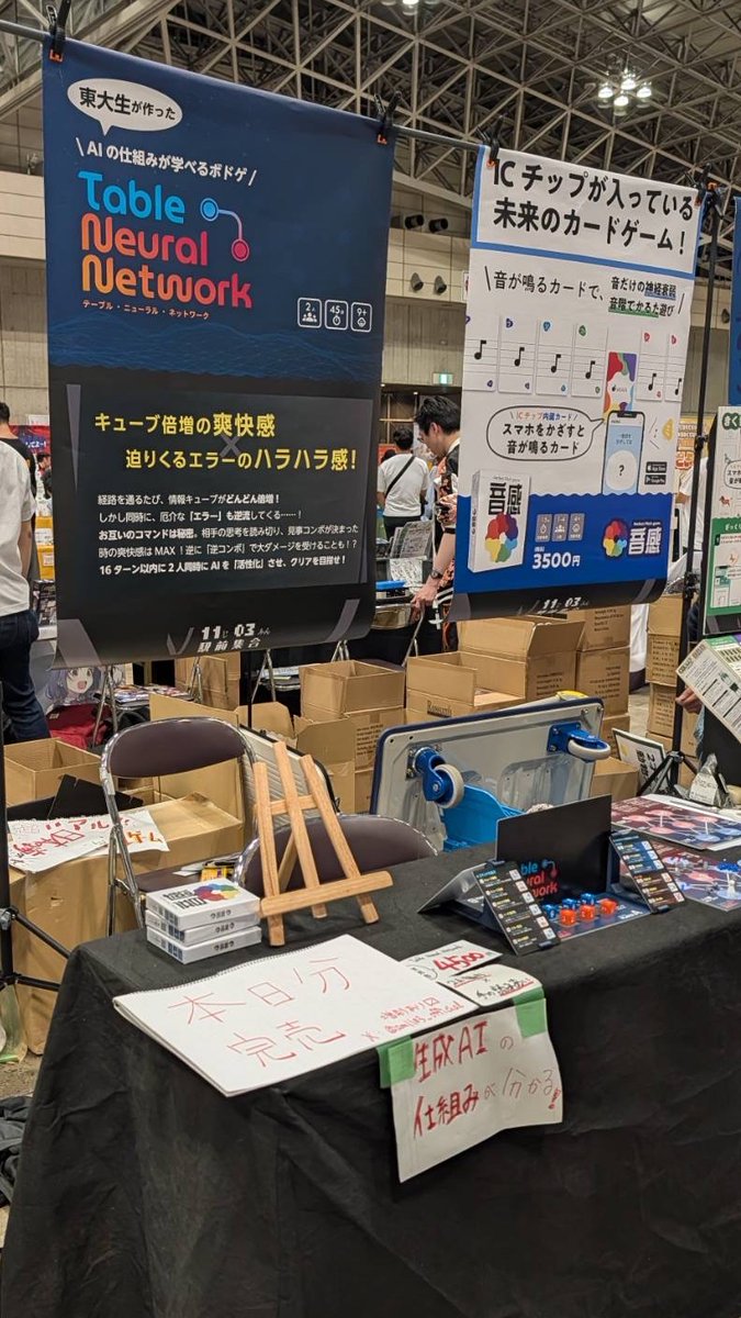 TableNN's tweet photo. テーブル・ニューラル・ネットワーク、少数ではありましたが完売しました！！ご購入していただいた方ありがとうございます🤖🤖

今回手に入らなかった方は今後通販を行う予定なので、そちらでご購入ください！

#ゲームマーケット2026春 #テーブルニューラル https://t.co/XnionbA5RH