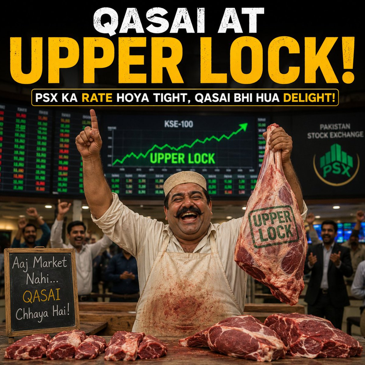 WolfofPSX's tweet photo. 🐄 Eid ul Adha pe sab se zyada upper lock kis cheez ko lagta hai? 😭
#EidUlAdha #Qasai #UpperLock #BakraEid #EidMemes #PakistanMemes #DesiHumor #FunnyPakistan #PSX #WolfOfPSX #TradingMemes #BullRun #FinanceMemes #PakistaniMemes #MemePakistan #EidVibes #QasaiRates #ViralMemes https://t.co/I97bxM6Vjd
