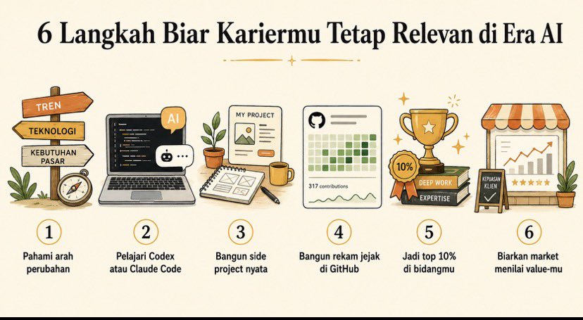 effendii_'s tweet photo. Gilaaaa gaiss, ini insights ttg kerjaan yang top bangeet!! 

Jadi kalau lu mau karir lu tetep amann di era AI ini, dapur juga tetep ngebul, lu wajibbb banget paham & lakuin 6 hal ini!! 

Gw bahas disini yaaa 👇🏻

Seperti yang lu tau, AI itu skrg beneran udah gila bangeet!!! 

Bahkan karena AI, beneran layoff tuh dimana2 dan dunia karir tu berasa berubah bangeet

Gaada tu namanya kerjaan yg stabil lagi. Semua haruss siap kapanpun tergantikan AI

Dagdigdug sepanjang masa 😢

Tapiii, bang @petergyang ini bilang, ada 6 hal yang kalau lu lakuin, minimal lu bisa lebih punya kontrol lah yaa terhadap karir lu kedepannya

Yuk kita mulaiii

1) Pahami Arah Sinyal Perubahan 
Kalau lu ngerasa perusahaan udah mulai kacau, top-management udah mulai pengen automasiin kerjaan dg AI, bahkan udah mulai ada isu reorganisasi, plisss ini red flag bangeet! 🚩

Udah pasti ga lama inii, jadi persiapkan diri lu!

2) Belajar Make Codex atau Claude Code
Sebelum lu tergantikan dg AI Agent, plizzz pelajari gimana cara pakenya & hasilin cuan dengan tools ini.

Kemampuan pake tools kaya Codex atau CC tuu udah kaya pentiiiing banget skrg. 

Jgn tunggu lu kena layoff, baru lu mau beljar. Mahal cuyy langganannya in this economy 

3) Bikin Projek Sampingan
Apapun ituu, bikinn! Lu orang marketing? Bikin konten! Tarik brand biar kerjasama dg lu.

Lu programmer? Cari klien, bikin website, apps, apapun itu! Atau, bikin aja dulu projek sampingan utk portfolio

4) Bangun GitHub Lu
Khusus utk programmer, mariii kita mulai bangun GitHub kita dengan portfolio. Gimanapun yaa ini salah satu bukti nyata kita tu aktif bikin sesuatuu. 

5) Jadi Top 10% di Bidang Kita
Top 10% itu bukan cuman ttg skill, tapi lu bangun persinal branding lu juga. 

Percuma skill lu jagoooo banget, tapi gaada yang kenal lu. Buat apaa?? Gaada yg percaya

Jadii, pilih bidang apapun (misal: marketing, coding, content, dll), lalu pelajari sampe jago. Terus bangun konten utk nunjukin diri lu yaaa

6) Biarkan Market Menilai Value alu
Bikin sesuatuu, projek apapun ituu. Laluu, share gaiss!! 

Solve problems, share solutions & impacts yang lu buat dari solusi ituu. 

Jadii, orang tertarik karena yaa emang kemampuan lu jago & lu bisa komunikasi. 

Ga perlu lagi nantinya lu kirim 100-1000 CV cuman untuk dapetin kerjaan yg lu sendiri ga suka2 amat

Nahh, itu gaiis. Jadi panjang banget wkwkwk

Kalau lu ngerasa ini semua bermangpaat, pliss like, repost, dan save post ini biar lu tau apa yg harus lu lakuin dalam 3-6 bulan kedepan

Oiyaa, kalau lu ada tanggapan apapun, komen aja yaak di bawah. Gimana menurut lu 6 poin ini?

Semangat selaluu kawann