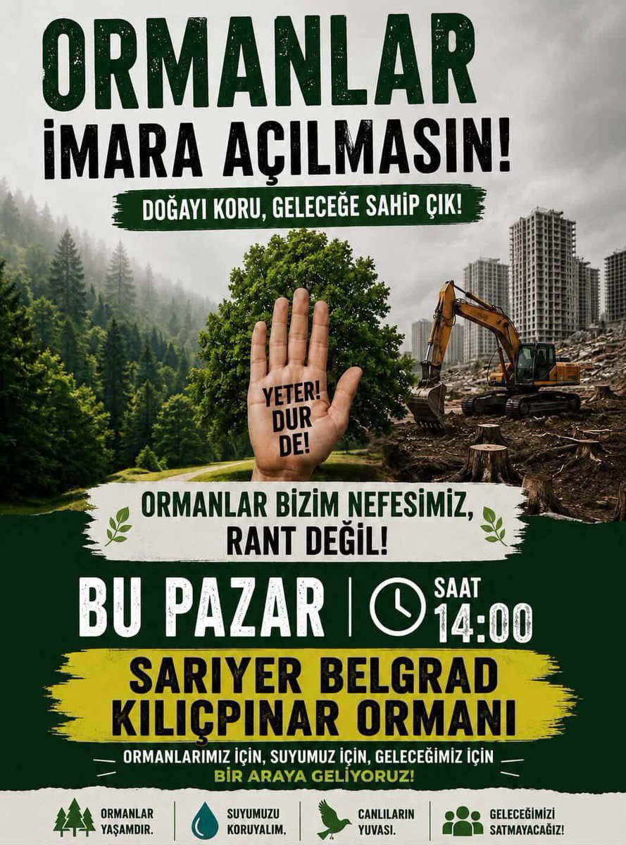 kuzeyormanlari's tweet photo. Belgrad Ormanı içindeki Bilezikçi Çiftliği Özel Ormanı’nın, sit statüsü düşürüldü. Kararla birlikte, 370 dönümlük ormanda Alarko Holding’e yaklaşık 150 lüks villa yapımının önü açılmış oldu. Şirket ormanı çevirdi ve işgale başlamak üzere. Sarıyer Kocataş Mahalle sakinleri bugün 14.00’de Kılıçpınar Sokak Sürgülü kapı önünde buluşacak. Kuzey Ormanları’nın kesilen her ağacı inşaata açılan her mevki senin ve sevdiklerinin nefesinden sağlığından çaldıklarıdır. Ağıt yakma savunmaya katıl.