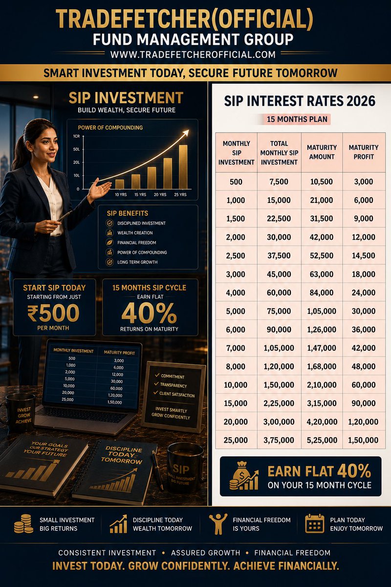 FetcherTrade's tweet photo. “Small investments today can build the life you dream of tomorrow.
Don’t let your money sleep — make it grow with smart SIP investments.
Trade Fetcher (Official) Fund Management Group
https://t.co/mepomLWSsz” https://t.co/kjEP19LcD6
