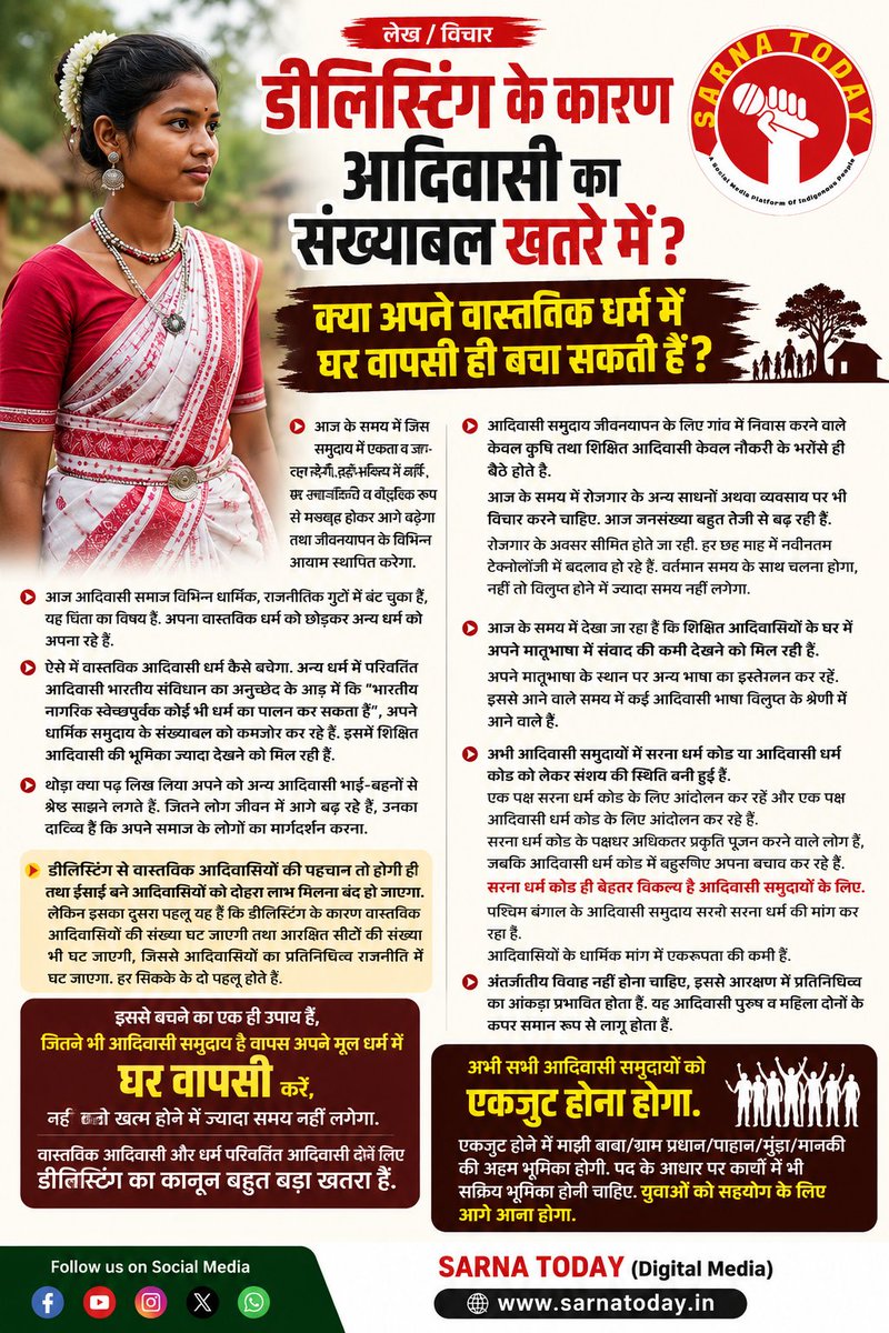 SarnaToday's tweet photo. डीलिस्टिंग के कारण आदिवासी का संख्याबल खतरे में?
क्या अपने वास्तविक धर्म में घर वापसी ही बचा सकती हैं?
SARNA TODAY #Tribe #India https://t.co/rtNgNXiRIn