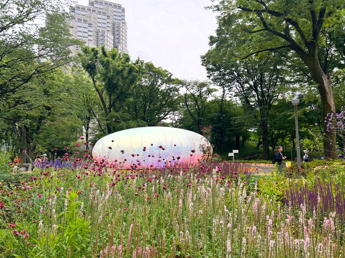 _aitsuntsun's tweet photo. #tokyolights2026 #奥中章人 #interworld 。
 #花のもり にUFOがいる！……と思って近くに行くと、大きな虹色の風船が置いてあった。
作者の奥中さんがいて「これから膨らませて、中に入れるようにする」と言ってたよ。
これよりさらに大きくなるの！？って驚いたよ。 https://t.co/IBSwZKgAfS