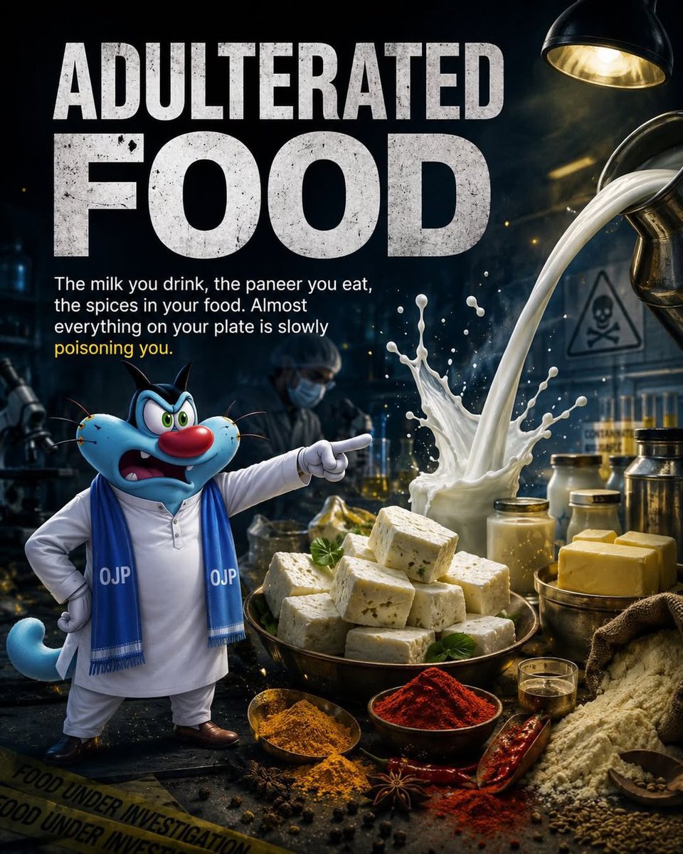 ojpxofficial's tweet photo. The milk you give your child has urea &amp; detergent in it. The paneer on your plate is made with palm oil &amp; starch. Your turmeric has industrial dye. Your spices have wood dust. FSSAI knows all of this &amp; has done nothing for years. OJP demands we burn this broken system down. 👇 https://t.co/1kF0SmGeBr