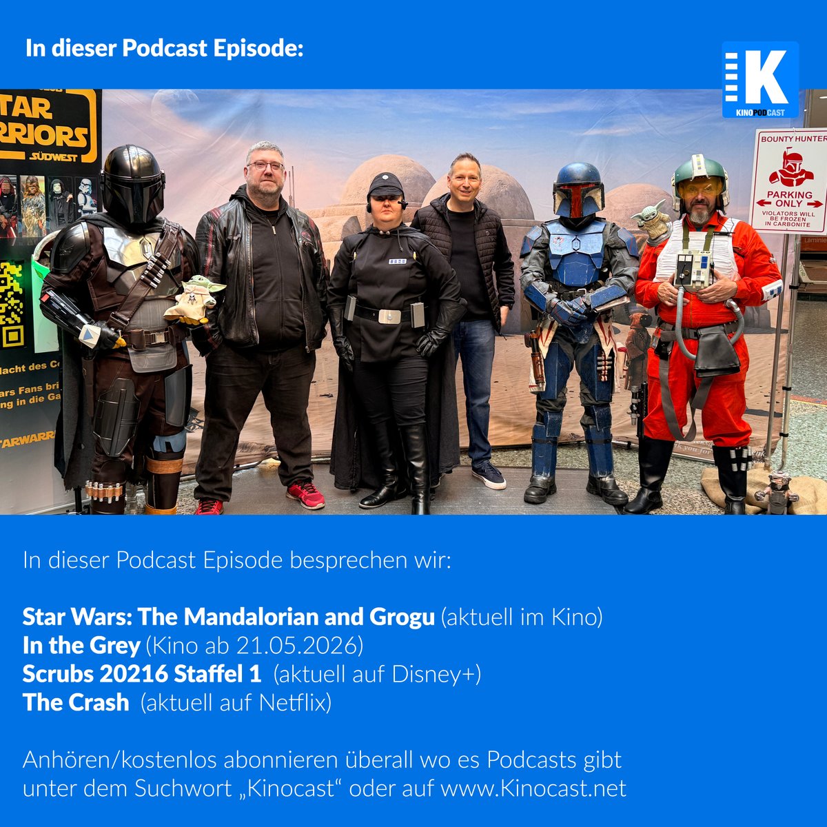 Kinocast's tweet photo. Neue Podcastfolge! 
Star Wars: The Mandalorian and Grogu
Guy Ritchies "In the Grey"
SCRUBS 2026 
The Crash
Jetzt reinhören!

Blog: https://t.co/1LBVgOFS2d 
Spotify: https://t.co/d22Glel7iU

#Podcast #StarWars #InTheGrey #Scrubs #Netflix #TrueCrime #Film #Serie https://t.co/rWNJjUsqD6