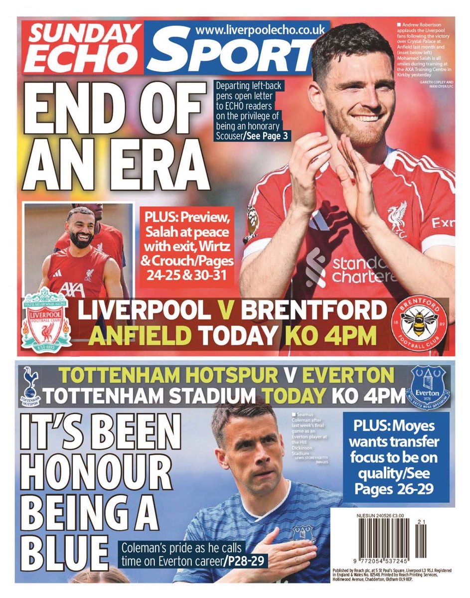 PaulWheelock's tweet photo. Today’s @LivEchonews front and back pages as Everton and Liverpool say goodbye to not only great footballers, but great ambassadors for their clubs and the city https://t.co/3xZRkiQ2VS