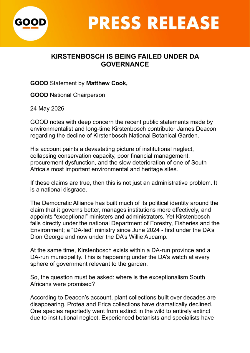 ForGoodZA's tweet photo. The Democratic Alliance has built much of its political identity around the claim that it governs better, manages institutions more effectively, and appoints “exceptional” ministers and administrators. Yet Kirstenbosch falls directly under the national Department of Forestry, Fisheries and the Environment; a “DA-led” ministry since June 2024 - first under the DA’s Dion George and now under the DA’s Willie Aucamp.

#GOODParty #Kirstenbosch