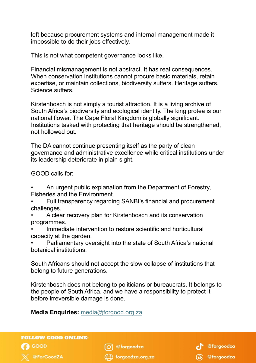 ForGoodZA's tweet photo. The Democratic Alliance has built much of its political identity around the claim that it governs better, manages institutions more effectively, and appoints “exceptional” ministers and administrators. Yet Kirstenbosch falls directly under the national Department of Forestry, Fisheries and the Environment; a “DA-led” ministry since June 2024 - first under the DA’s Dion George and now under the DA’s Willie Aucamp.

#GOODParty #Kirstenbosch