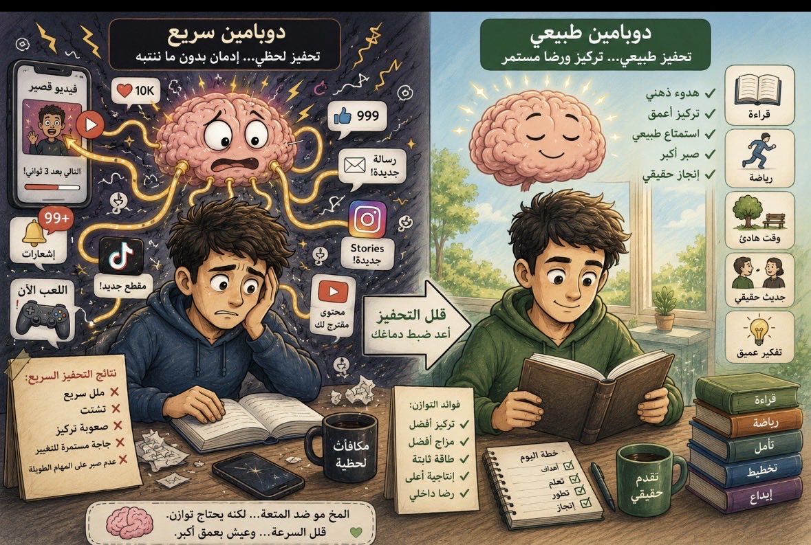 DrMD_H's tweet photo. ليش بعض الناس إذا جلسوا بدون جوال أو تحفيز… يحسون بملل “مرهق جدا”؟ 📱🧠

الموضوع أحيانًا مرتبط بطريقة تعوّد المخ على الدوبامين السريع.

المخ الطبيعي يقدر يستمتع بالأشياء الهادئة:
قراءة
جلسة هادئة
إنجاز تدريجي
حوار
رياضة
تفكير عميق

لكن مع التحفيز السريع المستمر:
إشعارات، مقاطع قصيرة، تنقل سريع، مكافآت لحظية…

يبدأ المخ يرفع “عتبة التحفيز”.

فتصير الأنشطة الطبيعية غير مرغوبة‼️

وهنا يبدأ الشخص يحس:
ملل سريع
صعوبة تركيز
تشتت
حاجة مستمرة للتغيير
عدم صبر على المهام الطويلة
