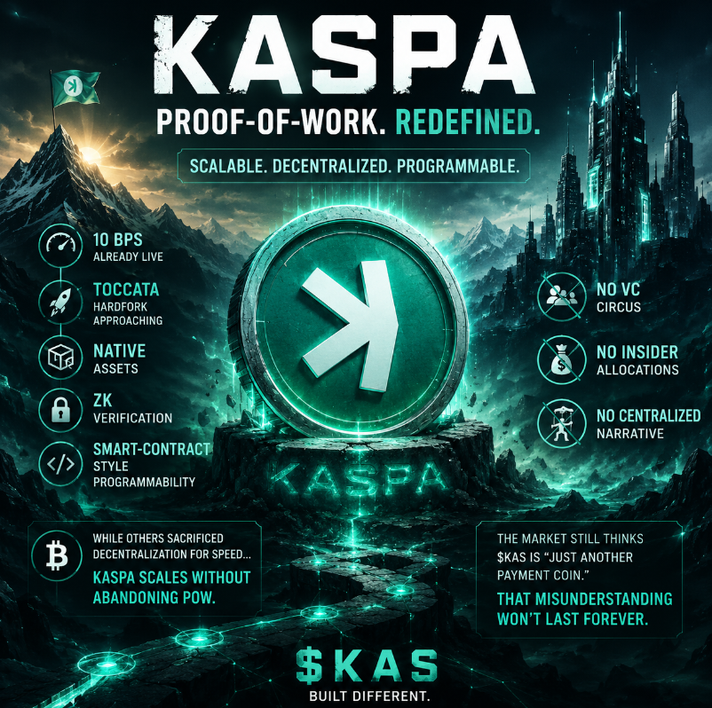 PodcastParadygm's tweet photo. ⚡️Everyone keeps calling Kaspa “just another PoW coin”…

Meanwhile $KAS is quietly becoming one of the most technologically advanced ecosystems in crypto. 👀

While other chains sacrificed decentralization for speed…
Kaspa chose to scale WITHOUT abandoning Proof-of-Work. 🧠⚒️
And now look what’s coming:

🚀 10 BPS already live
⚡️ Toccata hardfork approaching
🪙 Native assets
🔐 ZK verification
🧩 Smart-contract style programmability
🌐 BlockDAG architecture
❌ No VC manipulation
❌ No insider allocations
❌ No centralized narratives

Most projects were built for hype cycles.
Kaspa feels like it was built for the next decade. ⏳
People still don’t fully understand what’s happening here.
Bitcoin proved decentralized money works.
Kaspa is trying to prove decentralized scalability works too. 👑
And if the market finally realizes that…
$KAS won’t stay ignored for much longer. 🌙⚡️
The funniest part?
The same people who missed BTC early are laughing at Kaspa today. 😂
History has a strange habit of repeating itself.

🔥 BUILT DIFFERENT.
🔥 POWERED BY PoW.
🔥 NO COMPROMISES.

#Kaspa #KAS #Crypto #Bitcoin #BlockDAG #ProofOfWork
