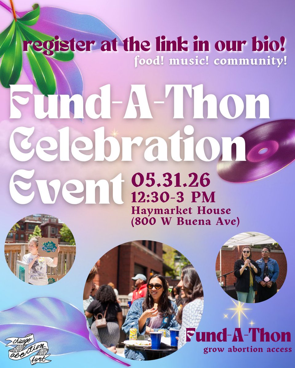ChiAbortionFund's tweet photo. Just one more week until we wrap up Fund-A-Thon 2026! But before we can end another successful fundraising season, it's time to party! Register to join us at the 2026 Fund-A-Thon Celebration for food, raffle prizes, and community at https://t.co/YIH0unJP0w 🥳 https://t.co/Yh3qQsE2w9