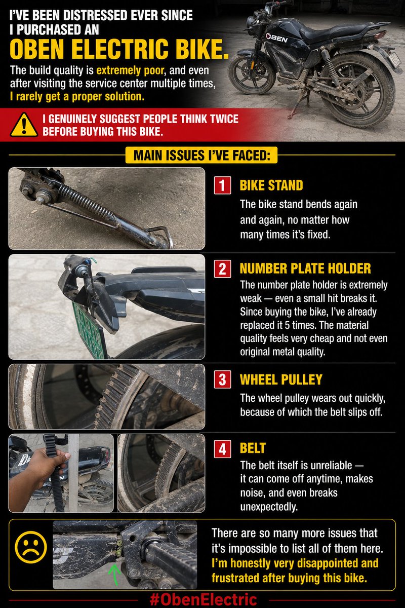 ad_ankitdas's tweet photo. @ObenElectric @SCJudgments @madhumitagrawal @jagograhakjago
 @MORTHIndia @nitin_gadkari @SCJudgments 
Poor build quality, weak number plate holder, bending stand, pulley and belt issues. Service center gives no proper solution. Very disappointed after buying this bike Don't buy https://t.co/8K1JV5VPhf