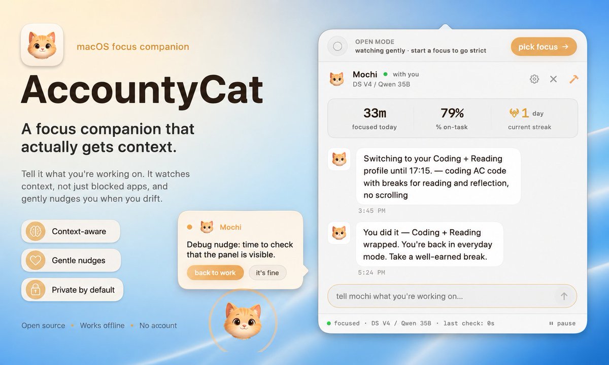 AccountyCat 一款 macOS 菜单栏应用，通过读取当前活跃应用和窗口标题来判断你是否在专注工作，仅在文字信息不足时才截图辅助判断。它不会强行封锁应用或网站，而是以猫咪消息的方式温和提醒你走...
