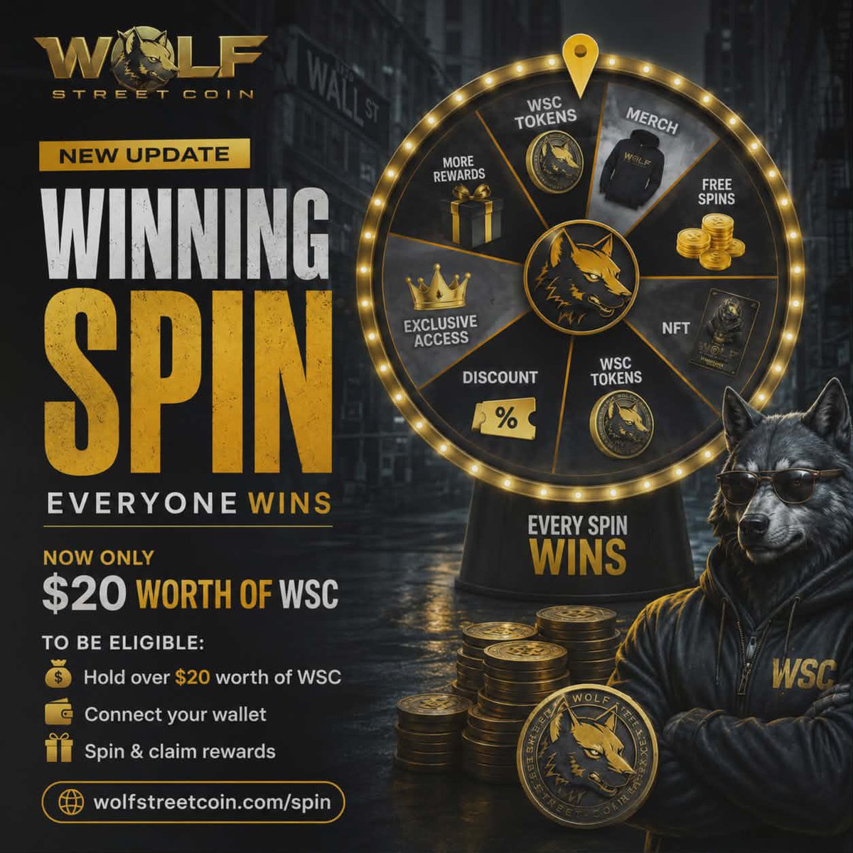 WolfStreet_X's tweet photo. 🎡 WSC Winning Spin is LIVE 🐺

Now only $20 of WSC needed to enter.
Every spin wins. 🎯

🔗 Connect wallet
🎁 Spin &amp; claim rewards

https://t.co/HSzUZAiayZ

#WSC #WolfStreetCoin #Memecoin https://t.co/CxzRb9X7bf