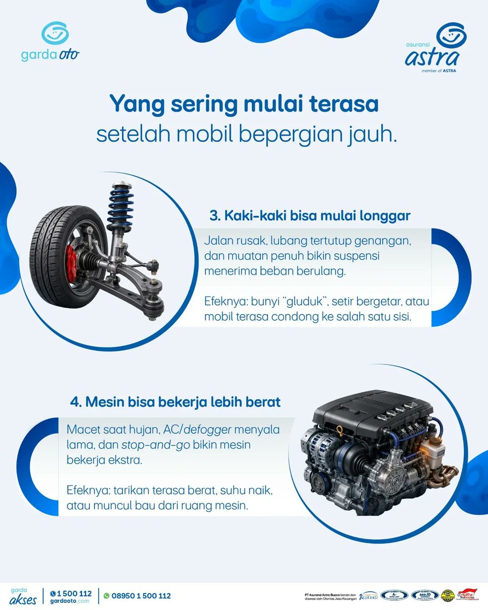 GardaOto's tweet photo. Long weekend memang sudah lewat, tapi efek perjalanannya kadang baru terasa setelah pulang.

Rem terasa beda, ban cepat aus, sampai mesin bekerja lebih berat. Karena itu, jangan lupa cek kondisi mobil setelah road trip ya! 🔧✨

#TenangAdaGardaOto #AlwaysDriveSafely #GardaOto https://t.co/3IH0bd1Aui