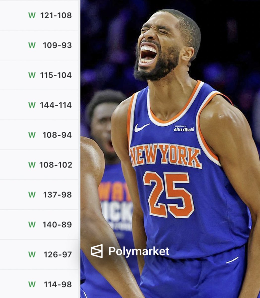 PolymarketSport's tweet photo. 🚨FACT: If you started with $1000 & rolled it into the Knicks winning their last 10 games, you'd be up $1,024,000.00 right now on Polymarket.

h/t @JoeyMoose