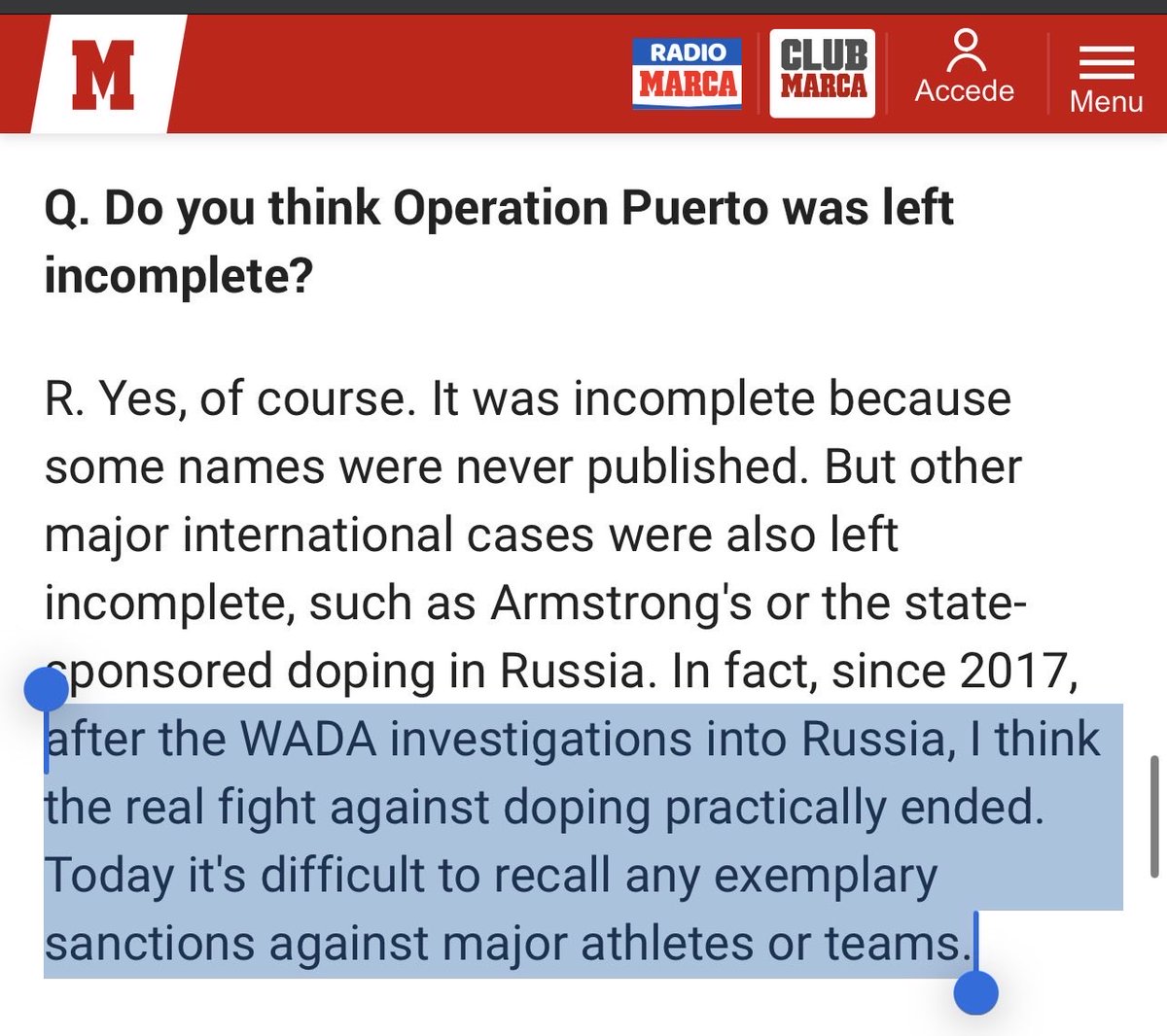 honestsport_ew's tweet photo. From the lead investigator in Operation Puerto on anti-doping since 2017:

“After the WADA investigations into Russia, I think the real fight against doping practically ended. Today it's difficult to recall any exemplary sanctions against major athletes or teams”. https://t.co/ADt9yvRrQR
