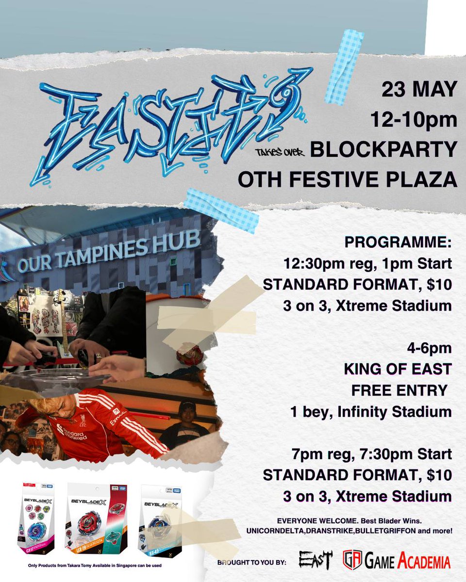 BADBBXPLAYER's tweet photo. Easties @ Blockparty 23 May 2026
Session 1 
Rank 1/34
Swiss 6 win 0 loss
Same deck as usual 
Not changing what works!
#EASTIESBBX 
#BEYBLADEXSG
#ベイブレードX
#BEYBLADEX https://t.co/P5DgT99smM