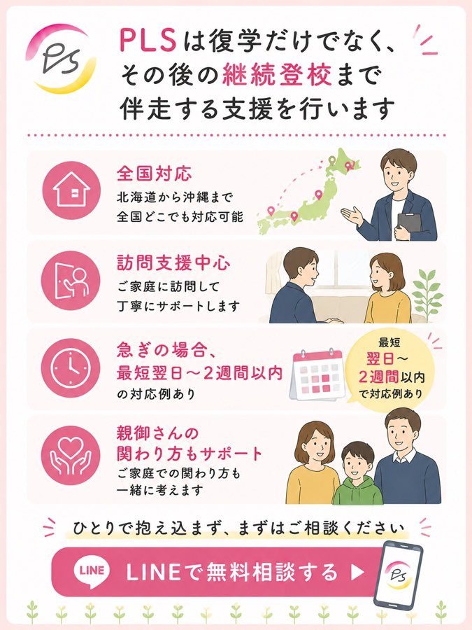 PLSoyanomanabi's tweet photo. 不登校で、
「このまま進級できる？」
「受験に間に合う？」
「何から始めればいい？」
そんな不安を抱える親御さんへ。

PLSは不登校からの復学だけでなく、継続登校まで伴走する復学支援です🌱

✔ 全国対応
✔ 訪問支援中心
✔ 最短翌日〜2週間以内対応例あり

ひとりで抱え込まず、まずはご相談ください。

初回相談無料👇
https://t.co/nBQURagTBm