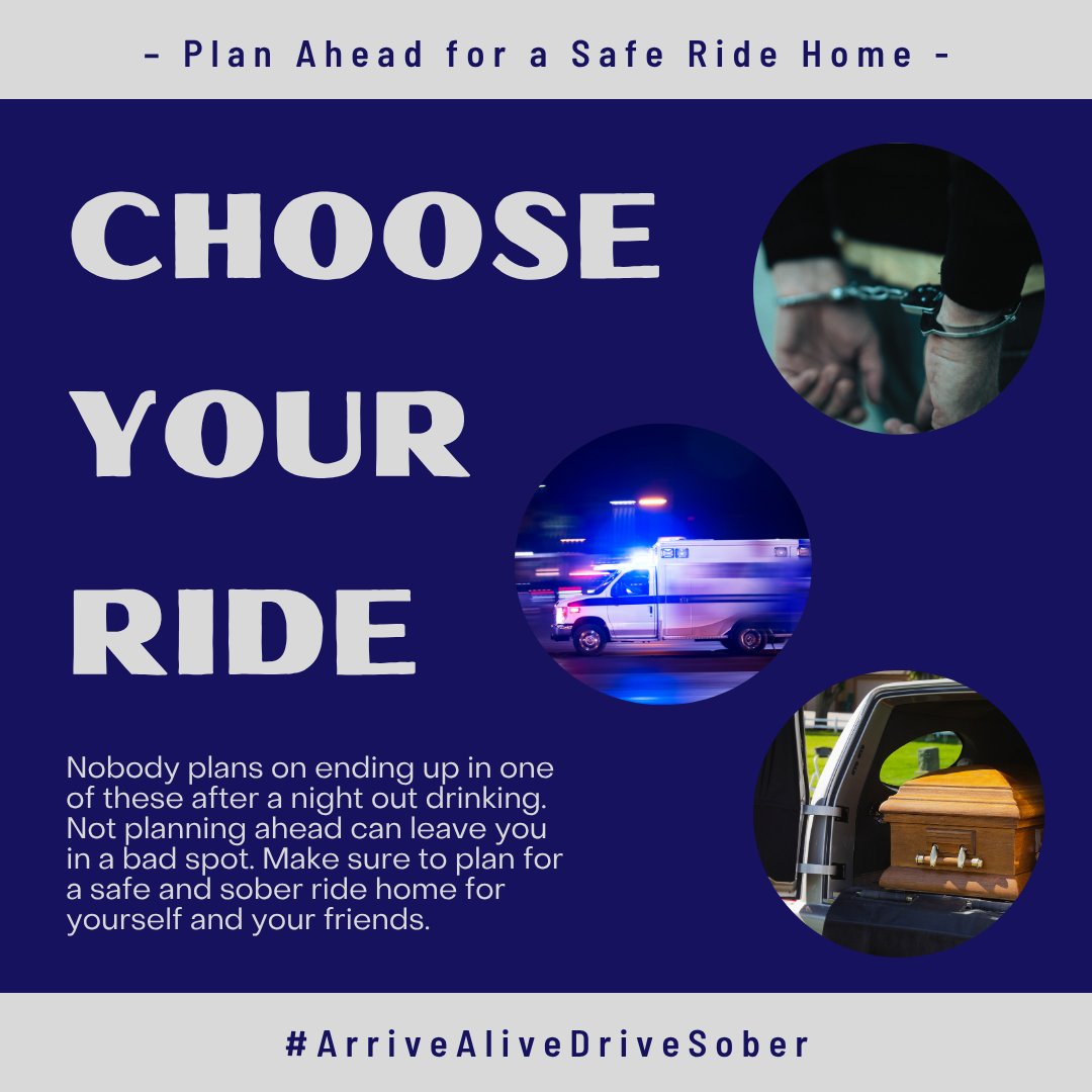 DriveSober's tweet photo. After a night of drinking nobody plans on ending up in handcuffs, an ambulance, or a hearse. But not planning ahead for a safe ride home can leave you in a bad spot. Your plans could include a DD, taxi, or public transit. Always plan ahead for a safe and sober way home https://t.co/wbOTTA930C