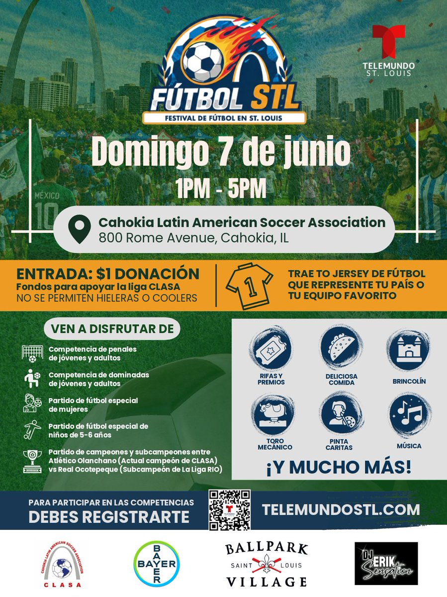 TelemundoSTL's tweet photo. ⚽🎉 ¡Llega el Festival de Fútbol en St. Louis! 🎉⚽

Telemundo St. Louis y Cahokia Latin American Soccer Association (CLASA) te invitan a una gran celebración de fútbol, cultura y comunidad para toda la familia. 🌎🏆 https://t.co/X67os7ZZfC