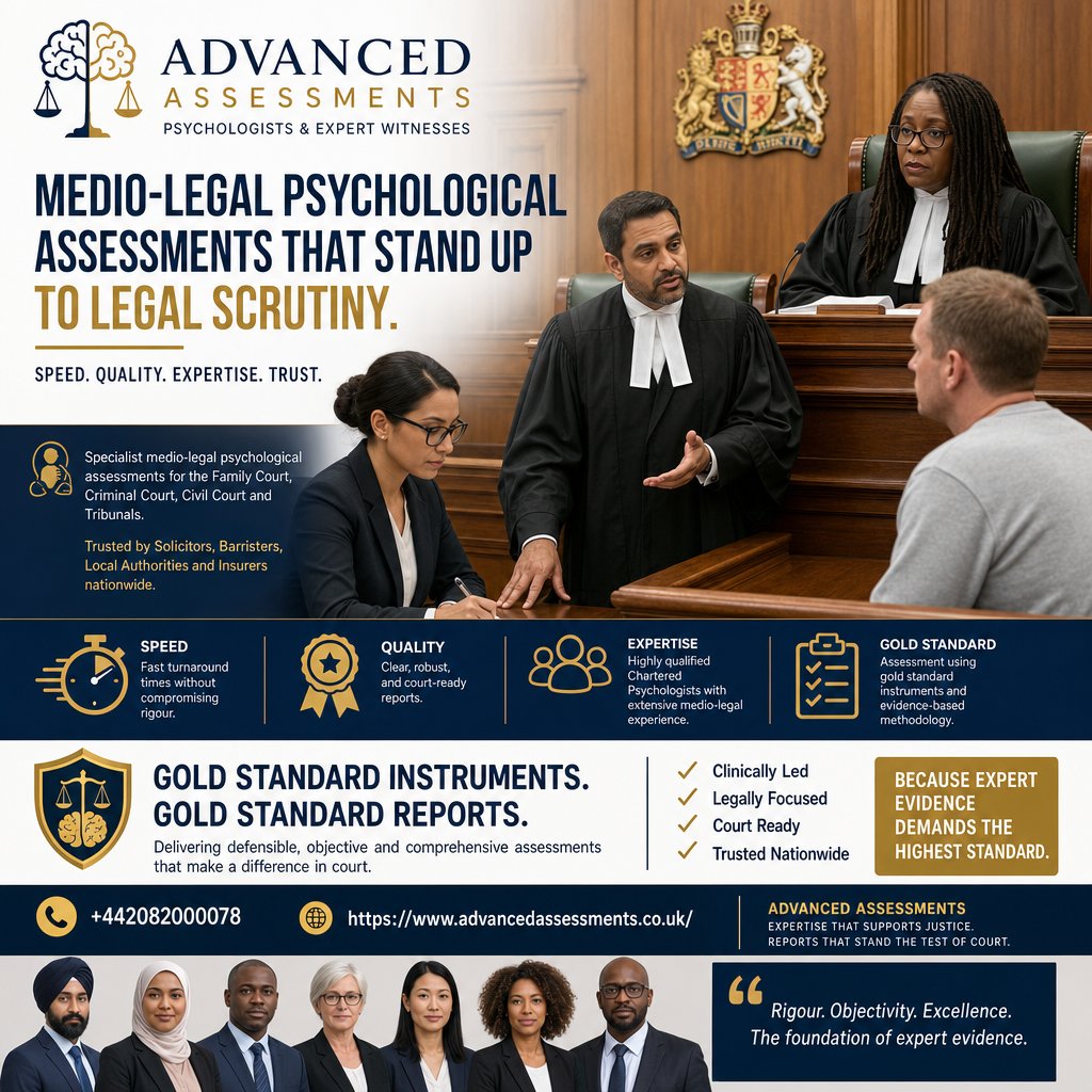 ExpertWitness_'s tweet photo. A medico-legal psychologist can assist courts, solicitors, barristers and clients by providing independent psychological assessments, expert witness reports and clear evidence on mental health, trauma, capacity, risk and neurodivergence to support fairer legal outcomes. https://t.co/c57NIuXzwx