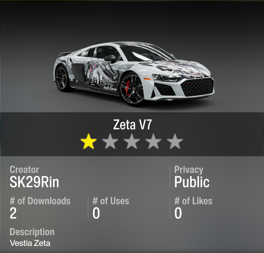 SK29Rin's tweet photo. Share code for the itasha: 
Zeta V7 - Audi R8 Performance 
776 278 941
#ForzaHorizon６ https://t.co/zDh9zM04mY