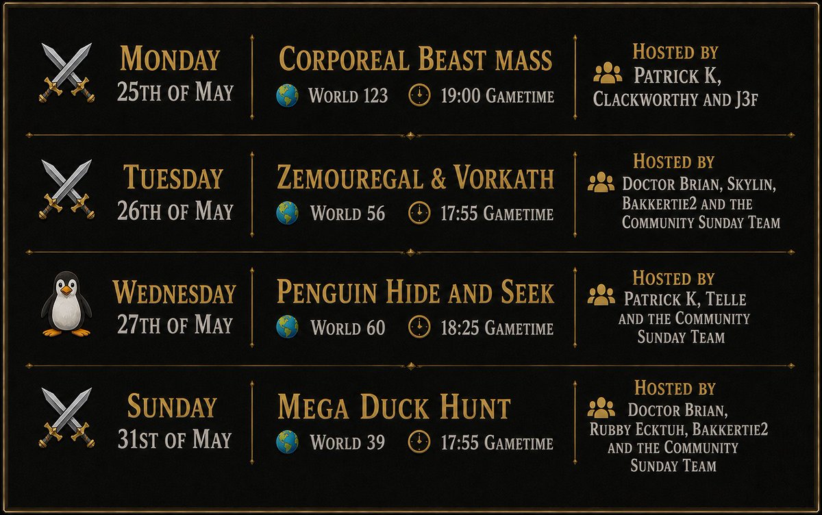 CommSundayRS's tweet photo. Here’s what’s happening this week at Community Sunday!

Everyone is welcome — whether you're experienced or learning for the first time.

Want to join our community?
https://t.co/nHGjNPeSjF

#RuneScape #RS3 https://t.co/oAF5QDBe1C