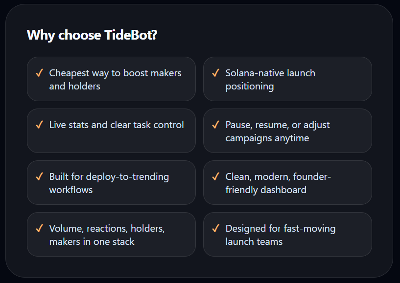 Tidebotapp's tweet photo. ⚙️ From deployment to visibility, TideBot helps teams coordinate volume momentum, maker activity, holder growth, DEX reactions, and trending signals from one clean workflow.

Set your token, choose your objective, track live progress, pause or adjust campaigns anytime. $TIDELM https://t.co/jiXz5vjnUc