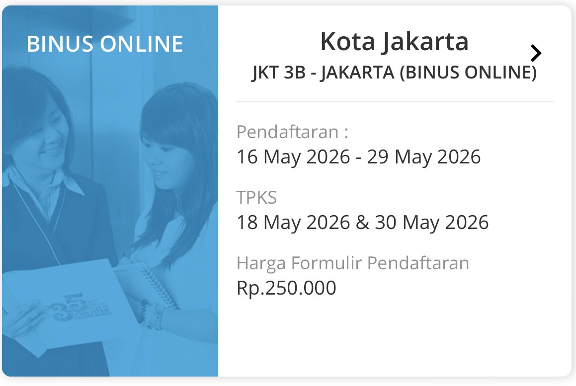 vscntgi's tweet photo. Pendaftaran binus online untuk perkuliahan Agustus 2026 sudah di buka ya

pakai kode promo BGBLIA025 untuk dapat promo potongan biaya formulir, yang mau tanya tanya boleh dm/wa https://t.co/jcCkZ5uPny https://t.co/I8QUtzTMXC