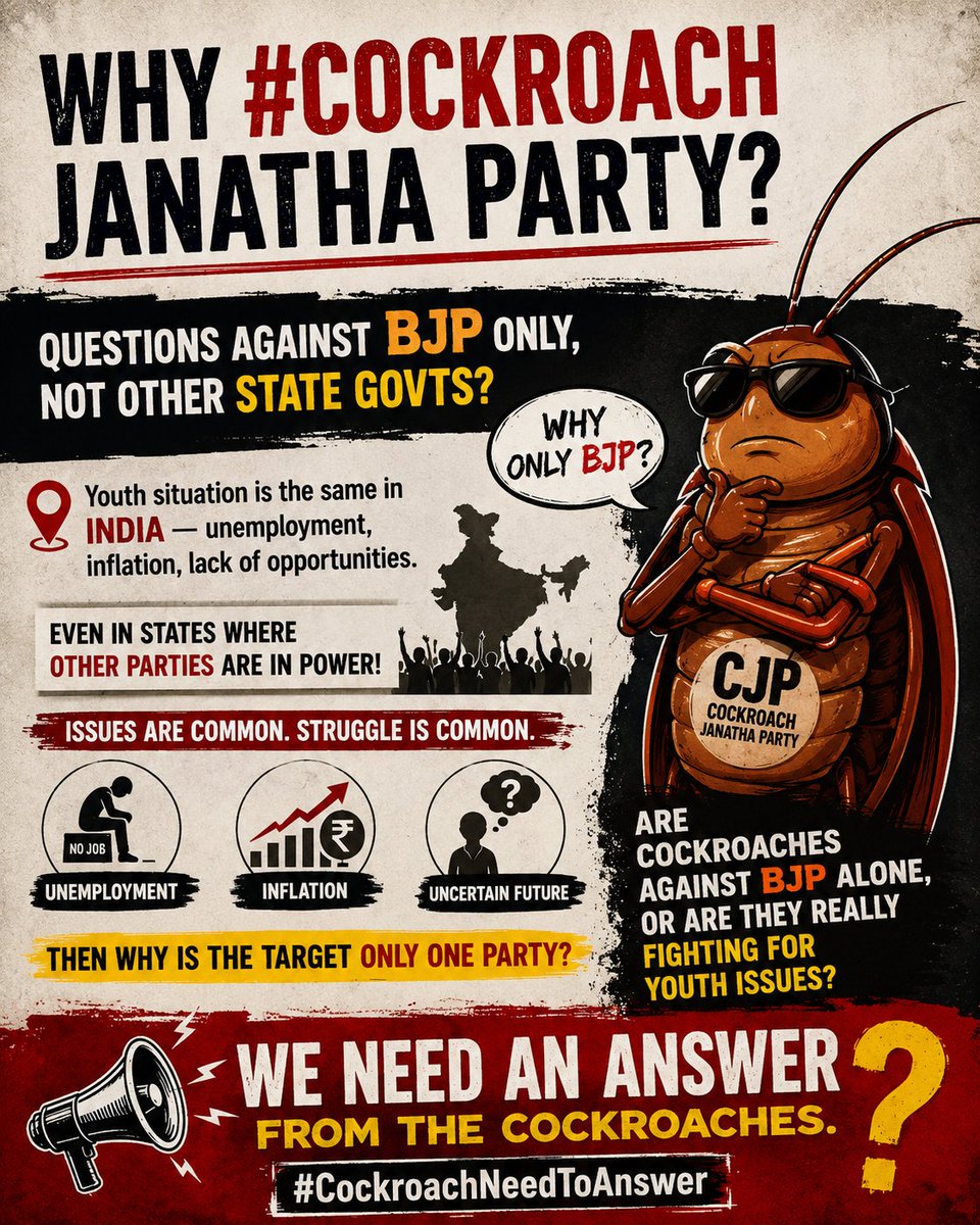 KumarRamireddy's tweet photo. Why is #CockroachJanathaParty questioning only BJP and not other state governments?

Youth across India face the same issues — unemployment, inflation, lack of opportunities — even in states ruled by regional parties that are not allied with BJP. https://t.co/7qDet1DoEW
