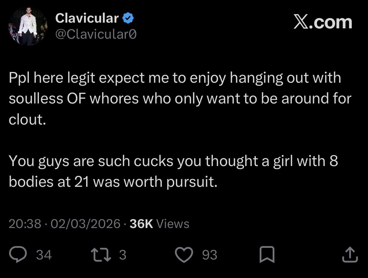 temporarygrief's tweet photo. You're such a cuck you thought a girl with 20 bodies at 18 was worth pursuit. https://t.co/WrCedOpdG9
