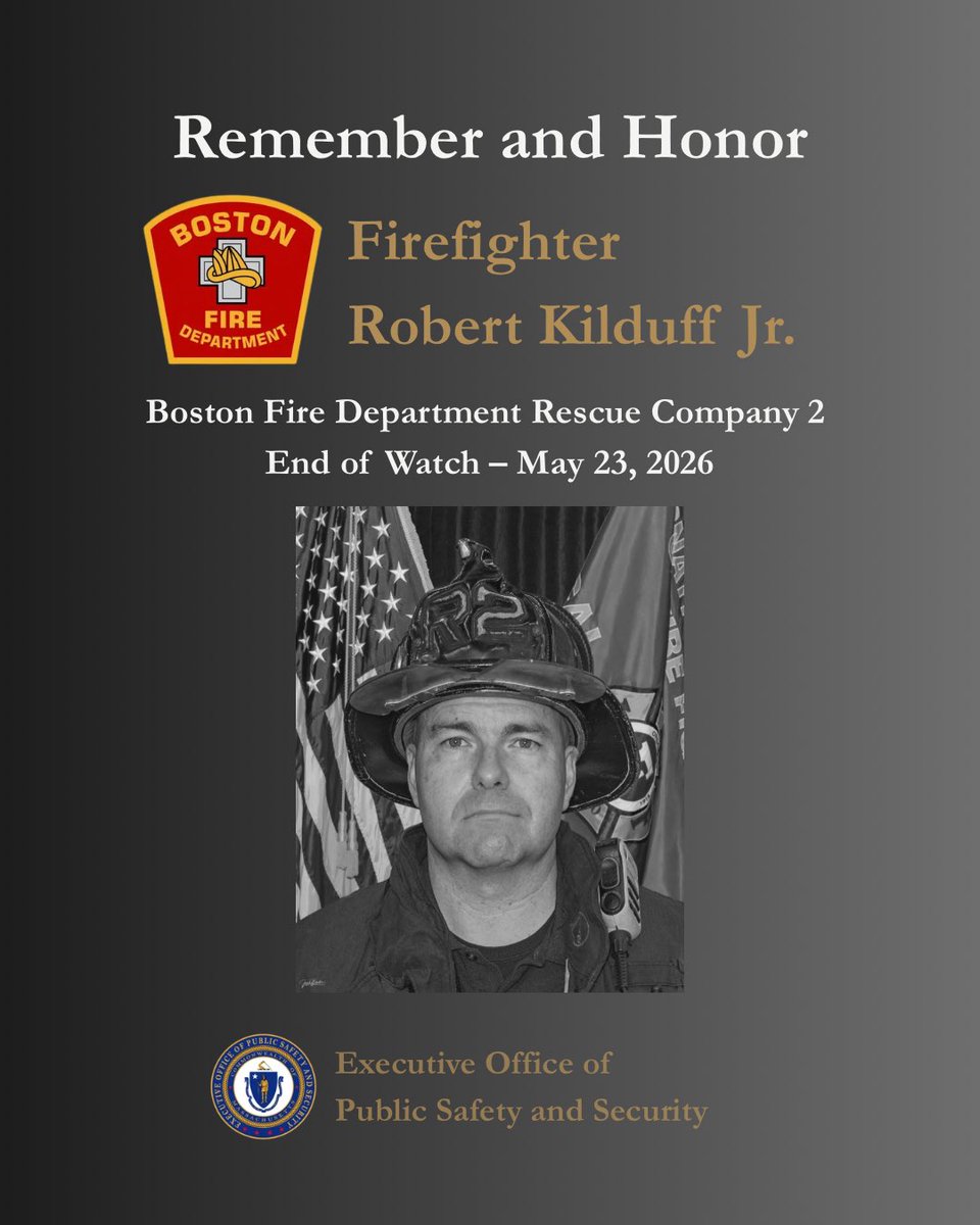 EOPSS's tweet photo. Last night, a third-generation Boston Firefighter assigned to Rescue Company 2, Robert Kilduff Jr., gave his life battling a three-alarm fire in Dorchester. 

Secretary Gina Kwon and our entire team extends our deepest condolences to the Kilduff Family, the Boston Fire Department, and those who mourn this enormous loss. 

We will never forget Firefighter Kilduff, a hero forever.