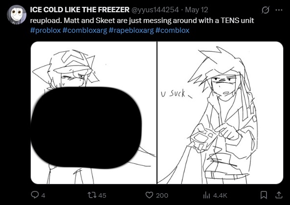 scarletroms's tweet photo. user @/xiok310274 has an alt where they draw highly suggestive art of underage characters from roblox args

this can be shown by comparing artstyles, both accounts are from china, and both accounts have shown a liking to climber from endzone https://t.co/mMFY4Qt4Jg