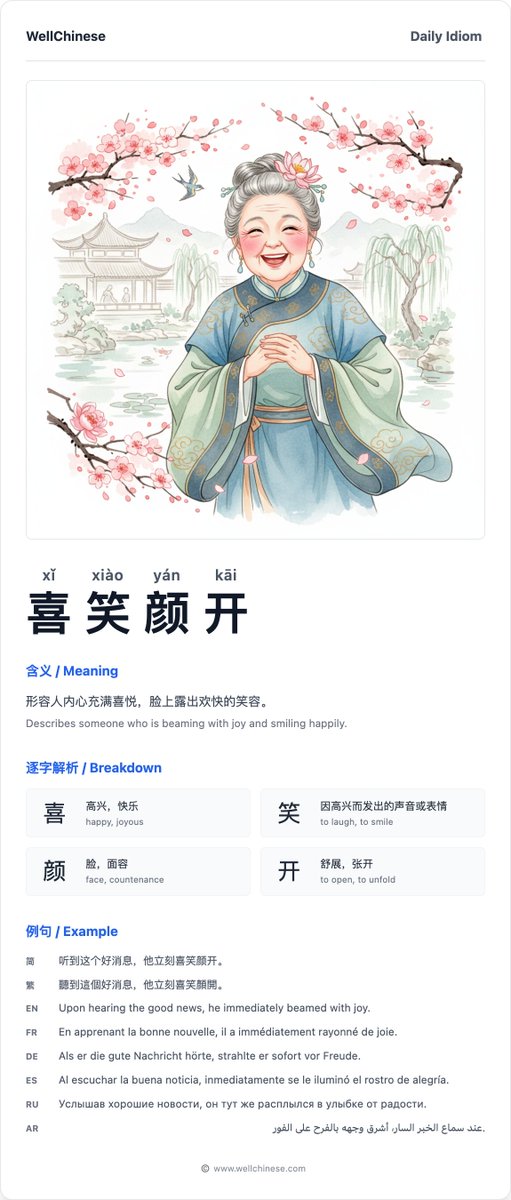 wellchineseapp's tweet photo. Learn the idiom 喜笑颜开 (xǐ xiào yán kāi)! It vividly describes someone beaming with joy. Break it down: 喜(happy) 笑(smile) 颜(face) 开(open). Add this expressive phrase to your vocabulary! #Chinese #Mandarin #LearnChinese #Hanzi #LanguageLearning https://t.co/sQPPAgTmHD