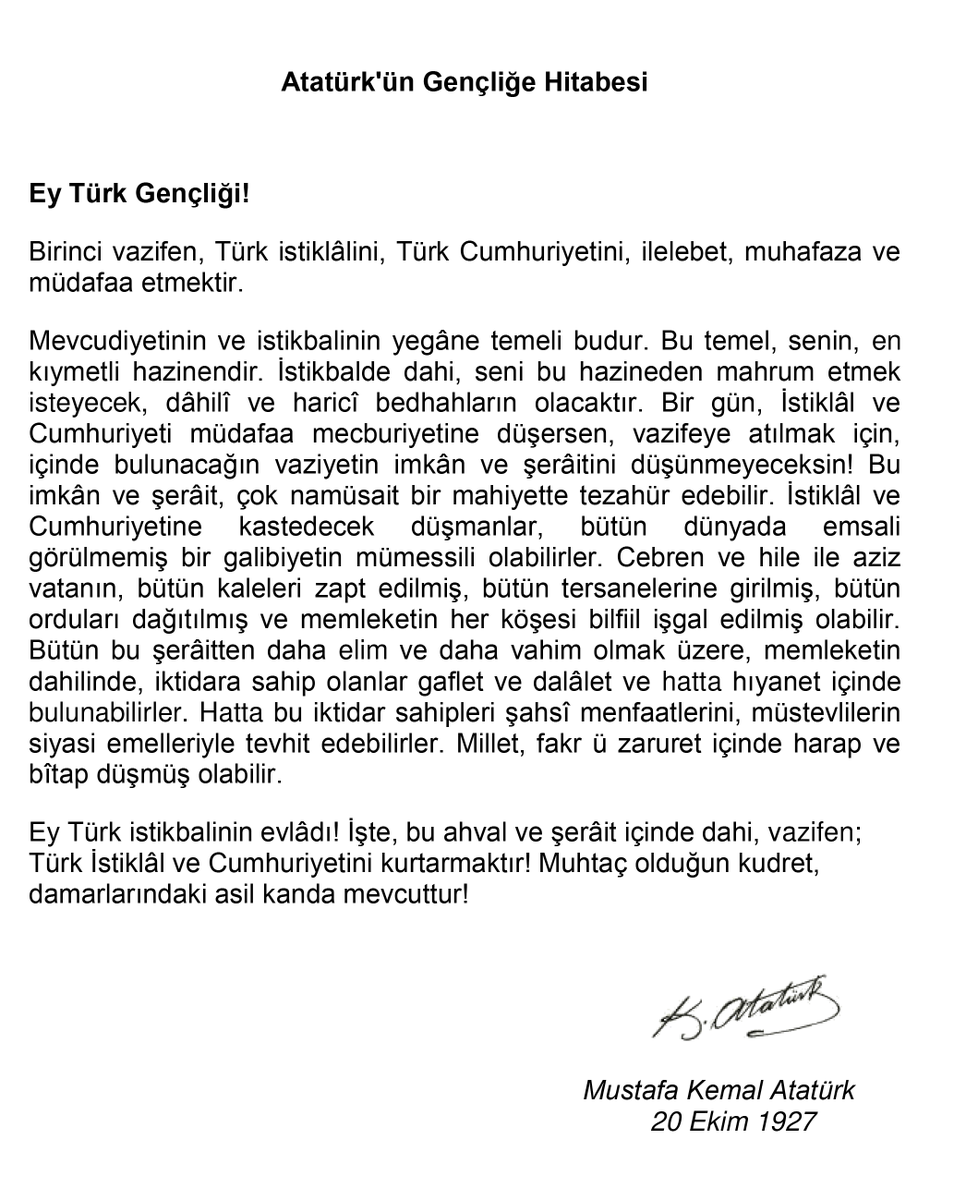 RivistaF1's tweet photo. Atatürk'ün Gençliğe Hitabesi https://t.co/6W6KhQAdRq