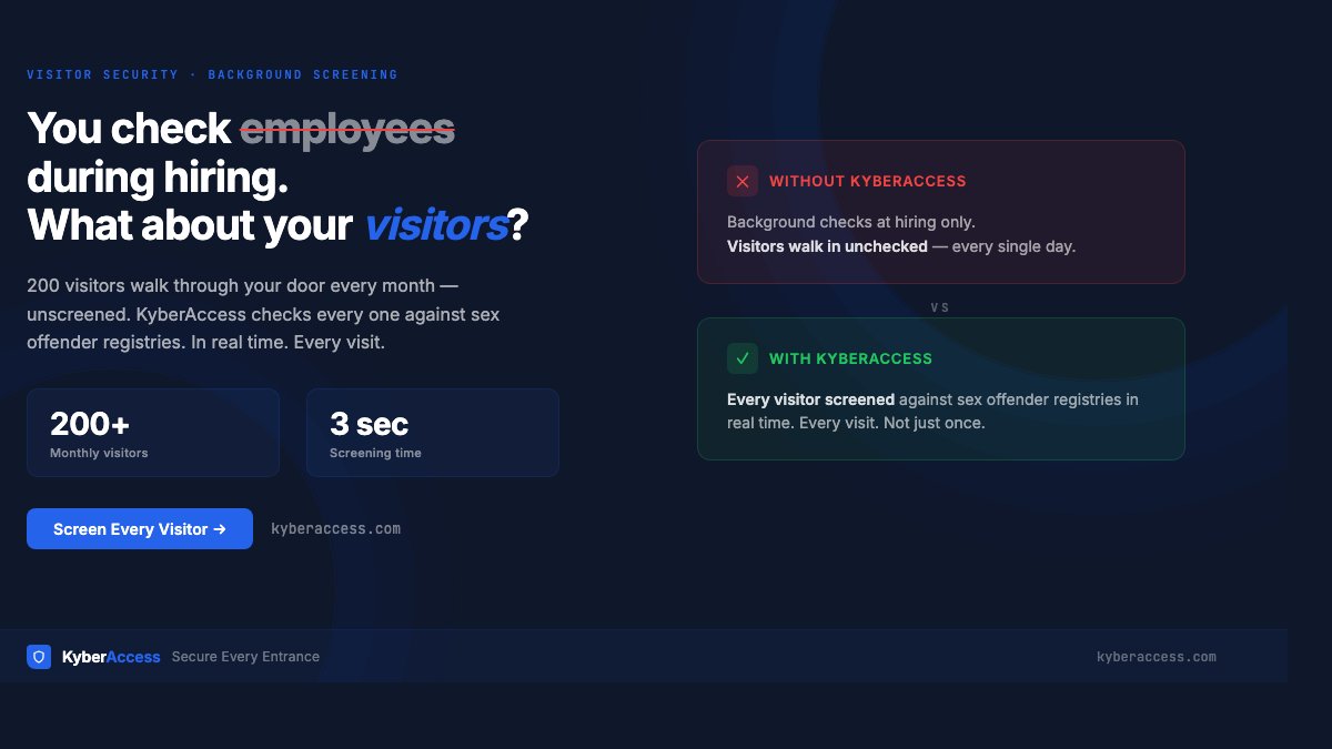 KyberAccess's tweet photo. You run background checks on employees during hiring.

What about the 200 visitors who walk through your door every month?

KyberAccess screens every visitor against sex offender registries in real time. Every visit. Not just once.

https://t.co/EAYvcpmWuu https://t.co/LUoduvGsWs